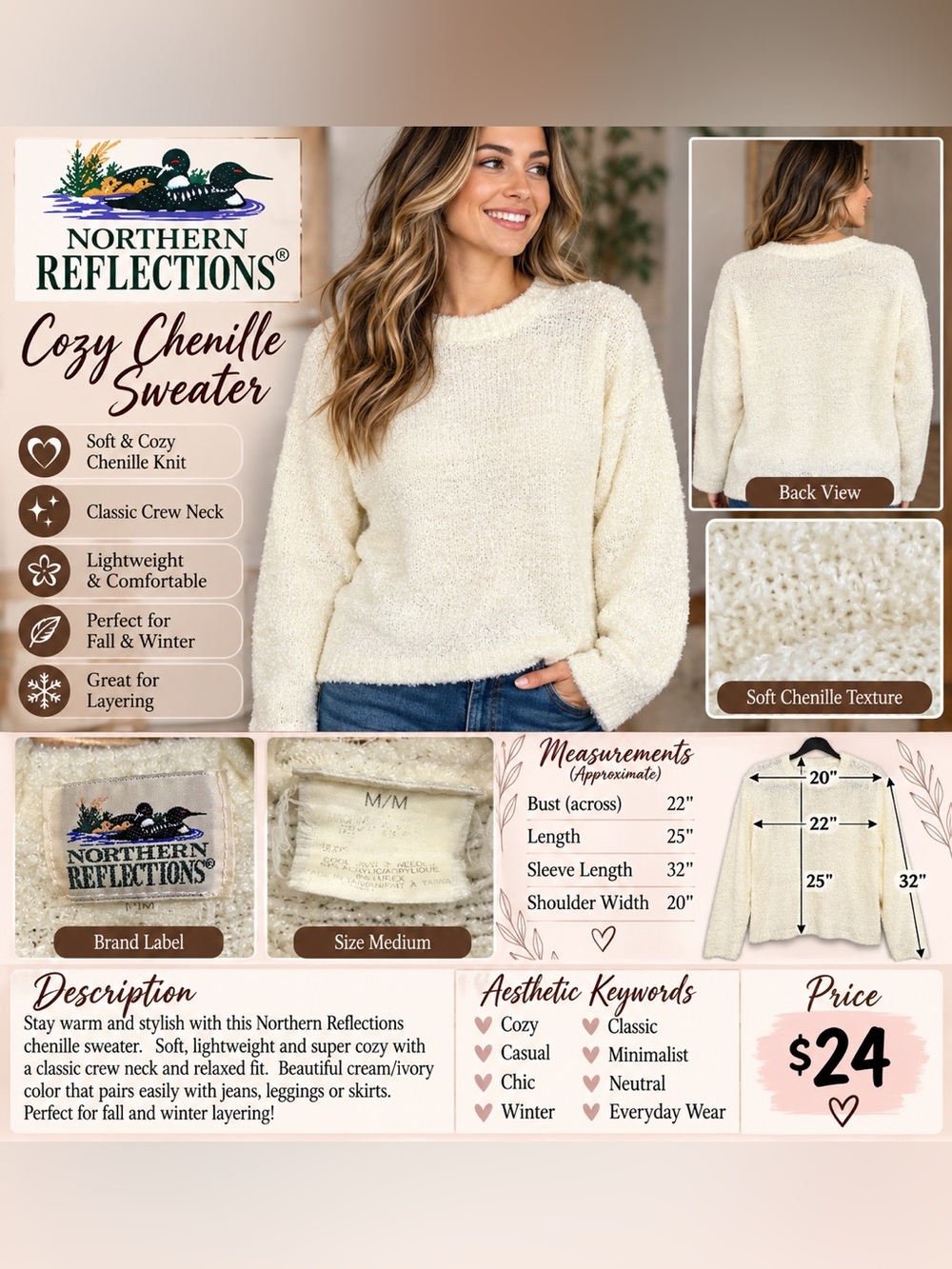 croft & barrow Cream Bouclé Crewneck Sweater